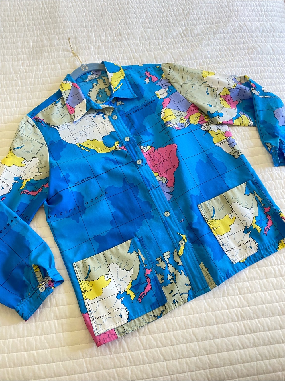 Vintage World Map Print Button-Up Shirt Jacket
